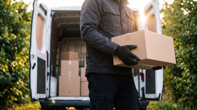 Delivery service and logistics worker carrying cardboard box package from commercial truck for ecommerce distribution