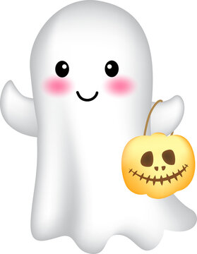 Cute Ghost Holding Halloween Pumpkin