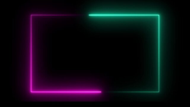 Glowing neon Square Rectangle picture frame icon animation glowing pink and cyan color party show seamless footage border frame display neon box line smooth effect on black background	