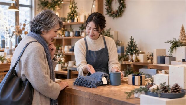 シニアの女性客にニット小物と茶筒を見せる店員