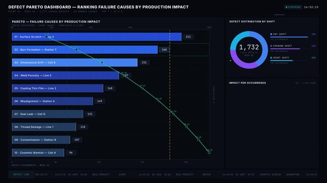 Visual representation of a defect Pareto dashboard showcasing failure causes ranked by production impact with animated charts and data metrics. for commercial creative technology and business use.