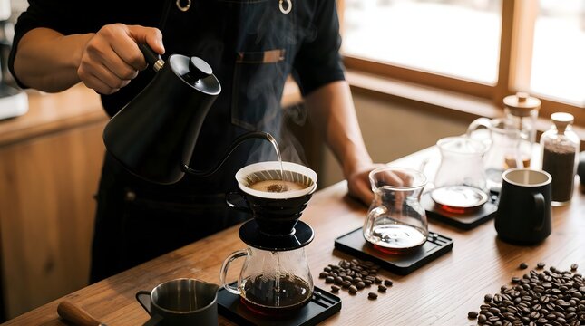 Barista preparing specialty coffee with pour over brewing equipment