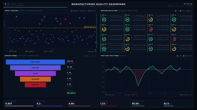 Manufacturing quality dashboard visualizes defect tracking, rework rates, yield trends, and machine health metrics in an interactive four-quadrant layout with vibrant colors and animations.