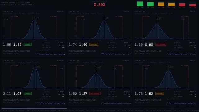 A comprehensive process capability dashboard displays variation trends across six production lines, featuring animated distribution curves and performance indicators for efficient monitoring.