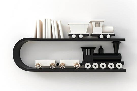 Modern Black Shelf with White and Black Toy Trains and Books