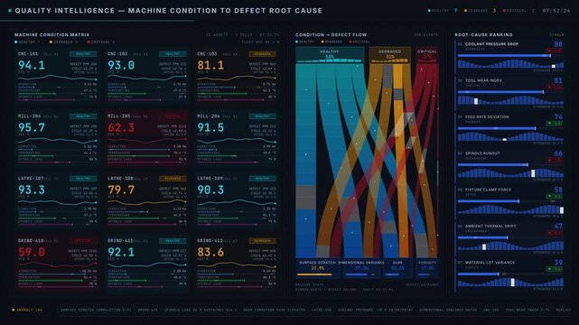 Cinematic dark-mode manufacturing dashboard visualizes machine conditions linked to defect root causes with animated status tiles and flow diagrams in high resolution.