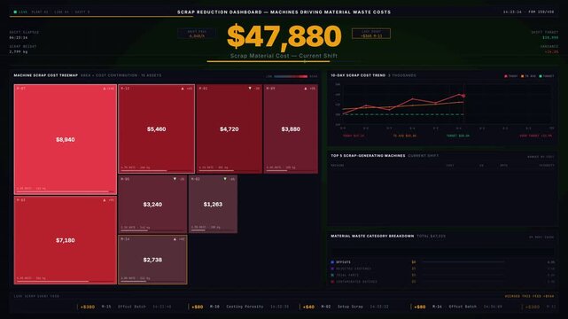 A comprehensive scrap reduction dashboard visualizing machine waste costs with dynamic charts, treemaps, and a live cost ticker for industrial efficiency analysis.