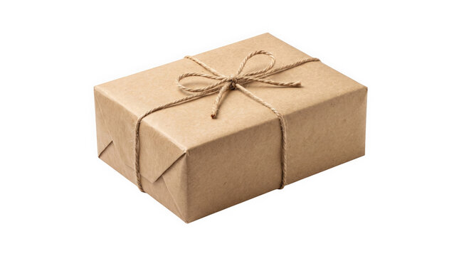 A rectangular parcel wrapped in brown paper with twine string