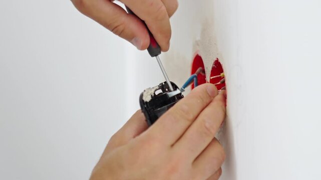 Person installing electrical outlet in wall with screwdriver