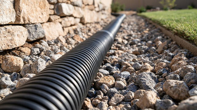 Corrugated black drainage pipe lying in a gravel trench next to a stone wall. Essential landscape irrigation and water management solution for residential home maintenance.