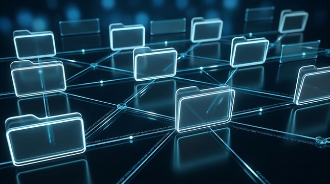 Digital file folders connected by glowing network lines representing advanced data management system and cloud storage infrastructure for enterprise information technology architecture