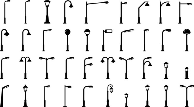 Set of various street light icons and outdoor lighting fixtures