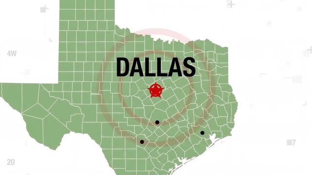 Animated map of Texas zooming in on Dallas with target circle graphic