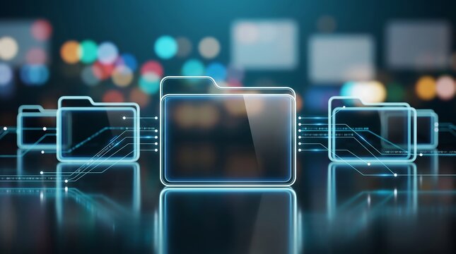 Digital file folders with glowing binary code interface representing modern document management system for secure cloud storage and information technology infrastructure optimization