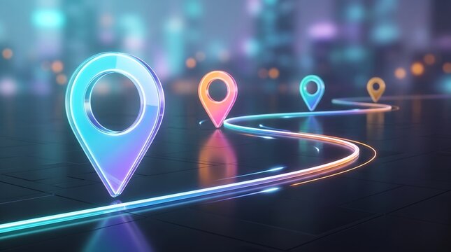 Glowing neon map pointer icons marking destination route on digital surface representing futuristic gps navigation and advanced logistics tracking technology in modern urban environment