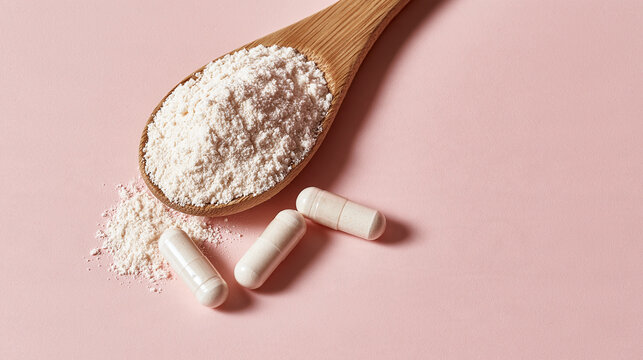 White powder in a wooden spoon with capsules on a pastel pink background. This health supplement composition represents wellness and medical research concepts.