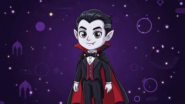 Cute Cartoon Vampire Character in Halloween Night Scene with Stars! 4k