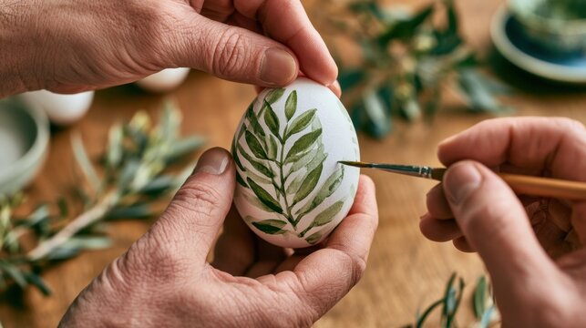 Close-up view of hands painting delicate green leaf design on white egg with fine brush for nature-inspired art or craft project