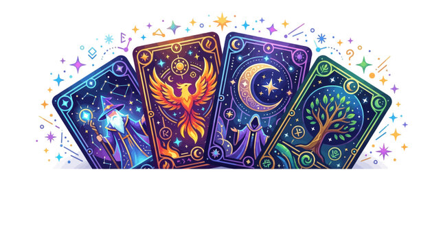Magical Tarot Cards with Phoenix Moon Tree and Wizard