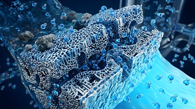 3d rendering of porous filter structure with flowing liquid and glowing bubbles