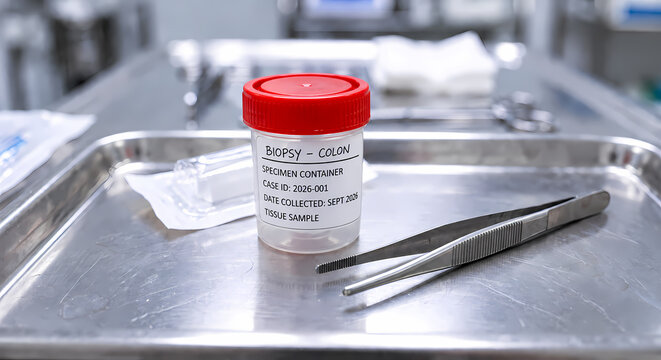 Biopsy Specimen Container with Medical Forceps on Surgical Tray in Laboratory