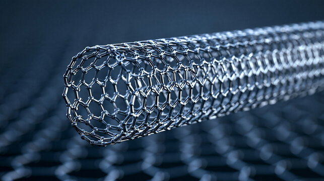 A detailed 3D render of a carbon nanotube structure over a graphene lattice. Ideal for nanotechnology and advanced material science research.