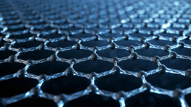 A close-up view of a glowing graphene molecular structure lattice. This represents a futuristic nanotechnology and material science concept for advanced industrial innovation.