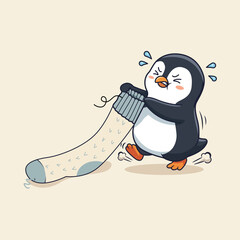 Fototapeta premium Penguin Struggling to Pull a Giant Rolled Blanket | Cute cartoon penguin strains to pull an oversized rolled blanket, creating a playful winter illustration with expressive motion and humor with fun