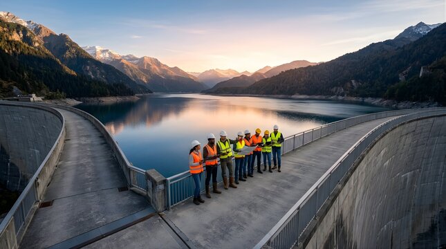 Civil engineers inspect hydroelectric dam structure in mountain valley during sunset