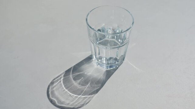Glass of water in sunlight with shadow on white table