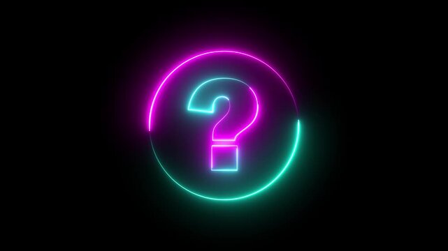 Glowing neon pink and cyan color question mark sign icon animation quiz confusion mark sign punctuation interrogative sign education exam circle alphabet sign symbol on black background	