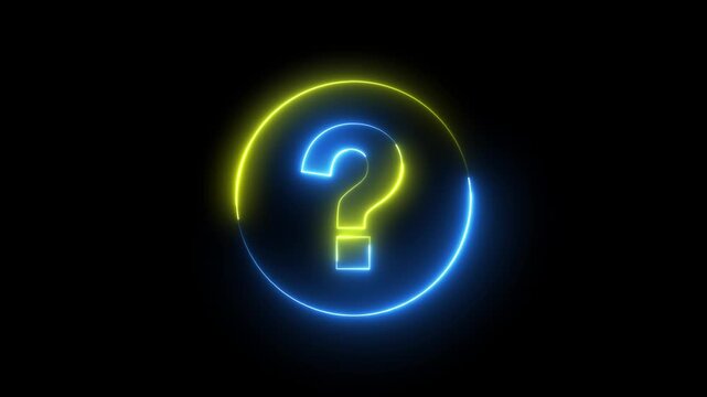 Glowing neon yellow and blue color question mark sign icon animation quiz confusion mark sign punctuation interrogative sign education exam circle alphabet sign symbol on black background	