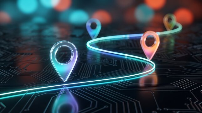 Multiple glowing location pins connected by light trails on dark futuristic circuit board representing multi-stop route planning and complex logistics network optimization technology