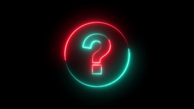Glowing neon red and cyan color question mark sign icon animation quiz confusion mark sign punctuation interrogative sign education exam circle alphabet sign symbol on black background	