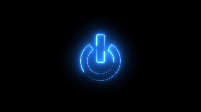 Glowing neon blue color power button switch icon animation technology shutdown screen turn on off button stop startup computer and mobile phone electric futuristic on black background	