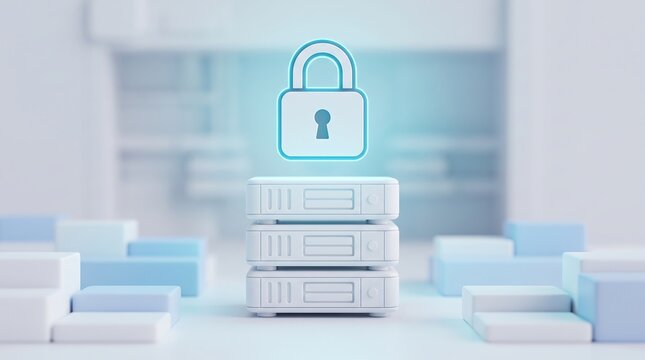 Minimalist white server stack with a luminous blue padlock icon indicating digital security and data integrity for cloud storage services and professional IT management solutions