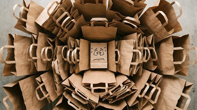 Brown Paper Bag with Anxious Face Surrounded by Crowds of Shopping Bags, Social Anxiety and Mental Health Concept.