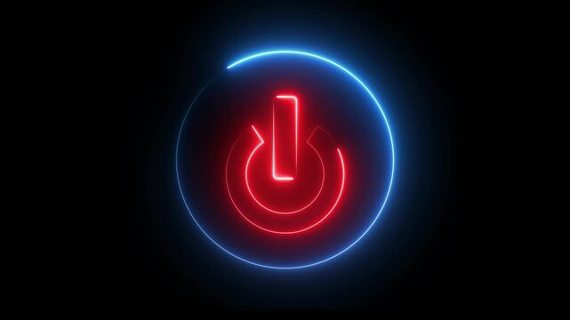 Glowing neon red and blue color power button switch icon animation technology shutdown screen turn on off button stop startup computer and mobile phone electric futuristic on black background	