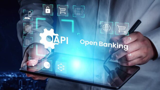 Hands Holding Tablet with Digital Symbols Representing Open Banking and API Concepts in a Modern Financial Technology Environment Gluon.
