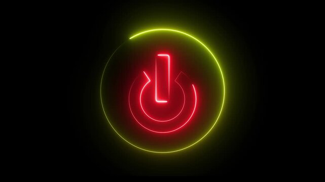 Glowing neon red and yellow color power button switch icon animation technology shutdown screen turn on off button stop startup computer and mobile phone electric futuristic on black background	