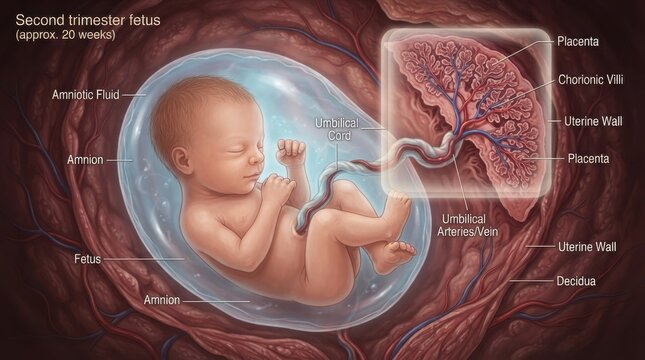 Second trimester fetus in amniotic sac with placenta illustration