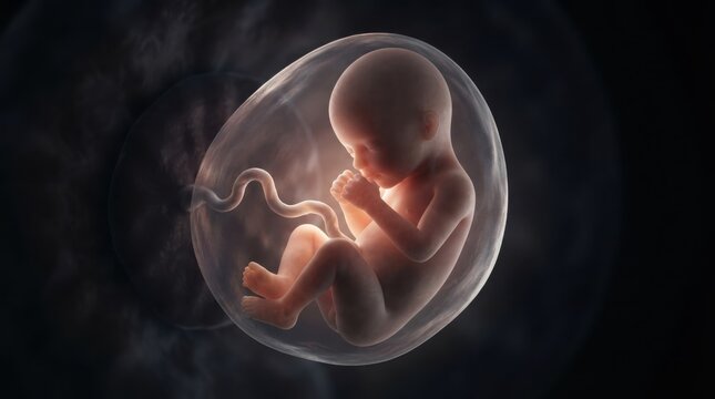 Fetus inside amniotic sac in womb illustration