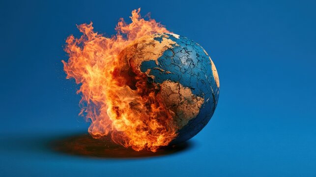 Cracked globe on fire with bright orange flame engulfing one side on solid blue background, environmental crisis concept