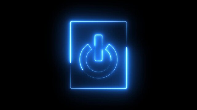 Glowing neon blue color power button switch icon animation technology shutdown screen turn on off button stop startup computer and mobile phone electric futuristic on black background	