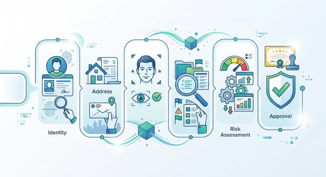 Know your customer process infographic with onboarding, ID checks, screening, and compliance review.
