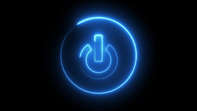 Glowing neon blue color power button switch icon animation technology shutdown screen turn on off button stop startup computer and mobile phone electric futuristic on black background	
