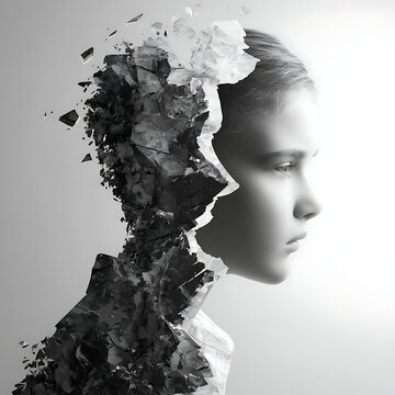 A profile of a young person with their face seamlessly transitioning into shattering, fragmented pieces, symbolizing transformation or inner turmoil.