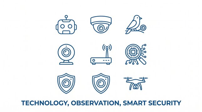 Nine blue outline icons showing robot, cameras, bird, and webcam representing technology, observation, and smart security design.