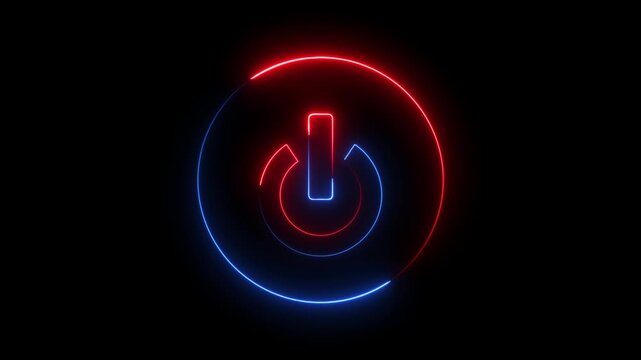 Glowing neon red and blue color power button switch icon animation technology shutdown screen turn on off button stop startup computer and mobile phone electric futuristic on black background	