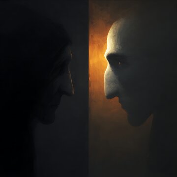 Two shadowy faces, one dark and one illuminated by warm light, stare intensely at each other across a narrow divide, evoking contrast and duality.